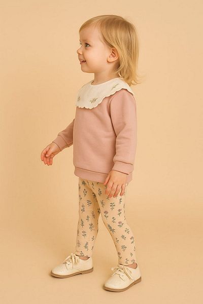 dinamik çocuk Girl's Collar Detailed 2-Piece Set Top-Top Seasonal Long Sleeve 2-3-4-5-6 Years Old