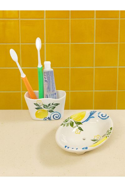Piatti Naturali 2-Piece Bathroom Set - Lemon Pattern Solid Soap Dish & Toothbrush Holder, Sponge Holder - Handmade Ceramic