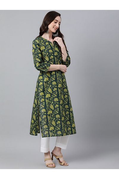 IndHeritage Premium cotton office / casual kurti - Bottle green kurti / kurta for women with floral print