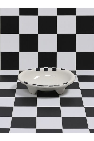 Piatti Naturali 2-Piece Bathroom Set - Solid Soap Dispenser & Toothbrush Holder, Sponge Holder - Handmade Ceramic Checkerboard Pattern