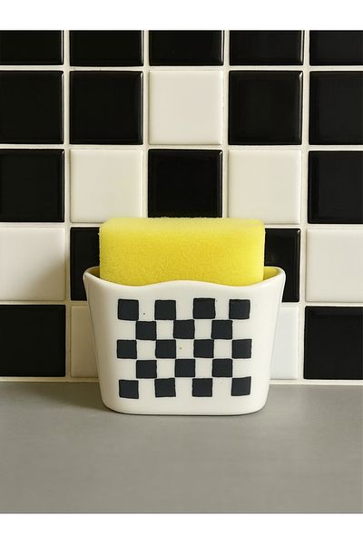 Piatti Naturali Kitchen Set of 2 Checkerboard Pattern Dirty Cutlery Holder, Sponge Holder, Spoon Rest, Handmade Ceramic Gift