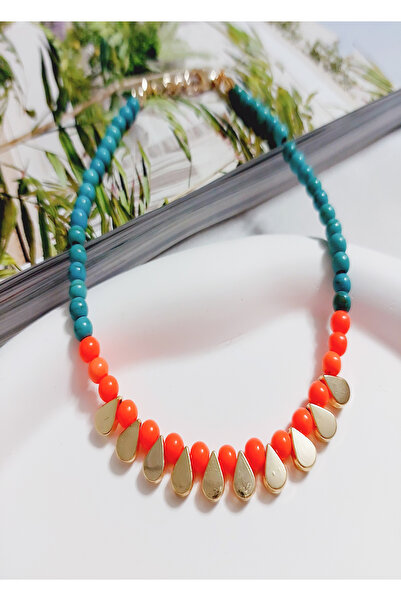 SEVİLLE AKSESUAR TURUNCU MAVİ BONCUK GOLD DAMLA DETAY HALHAL