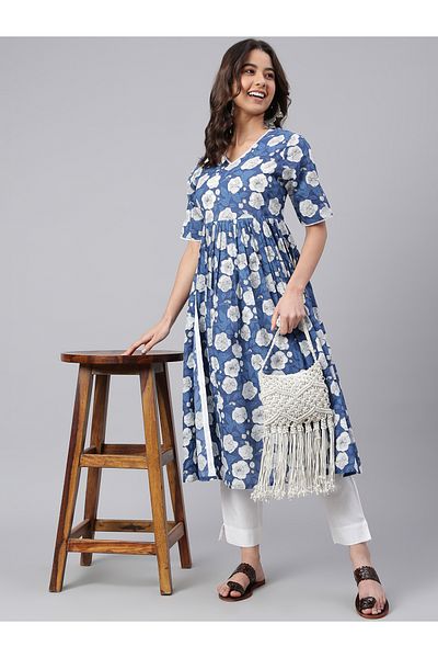 IndHeritage Premium casual kurti / dress - Blue kurti / kurta / dress for women with white floral print