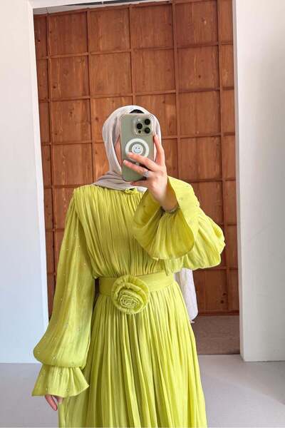 Rimel Moda Maria İpek Taşlı Elbise Fıstık Yeşili