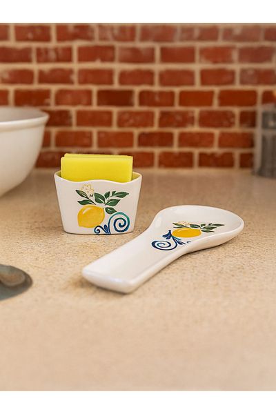Piatti Naturali Kitchen Set of 2 Lemon Pattern Dirty Spoon Holder Sponge Holder - Spoon Rest, Handmade Ceramic Gift