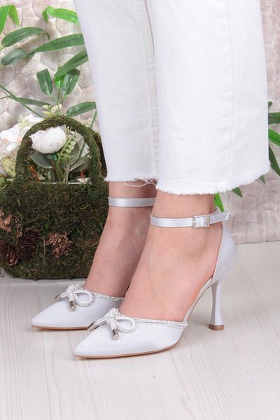 fort 35695 Satin Bow Piping Stone Heeled Evening Dress Shoes Women's Shoes