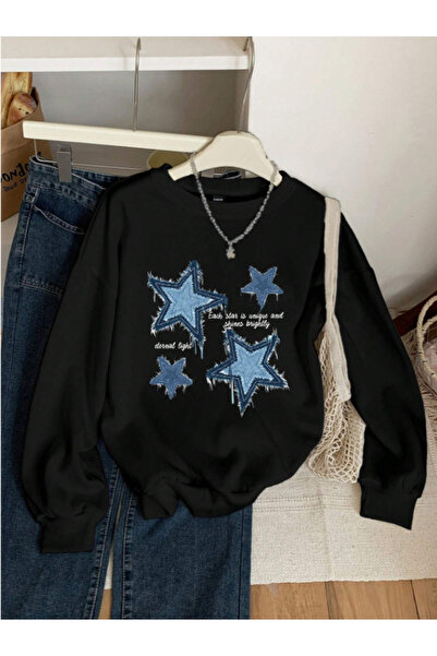 Framgan Kadın Y2k Yıldız Baskılı Bisiklet Yaka Pamuklu Sweatshirt Hoodie