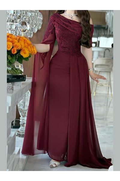 Nice Model Burgundy One-Shoulder Chiffon Evening Dress with Embroidery - Long Formal Gown