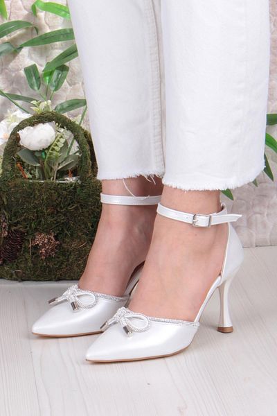 fort 35695 Satin Bow Piping Stone Heeled Evening Dress Shoes Women's Shoes