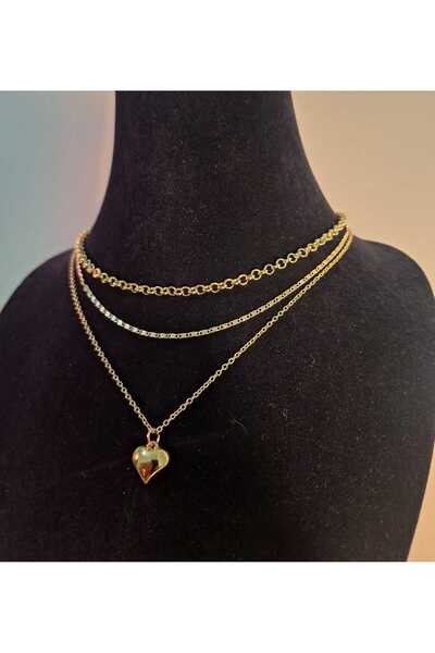 OLEN Set of 3 Gold Color Heart Pendant Women's Necklace