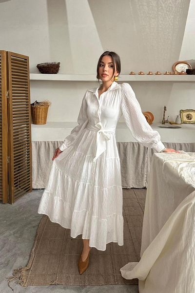 Viyamo Ecru Stripe Patterned Long Dress
