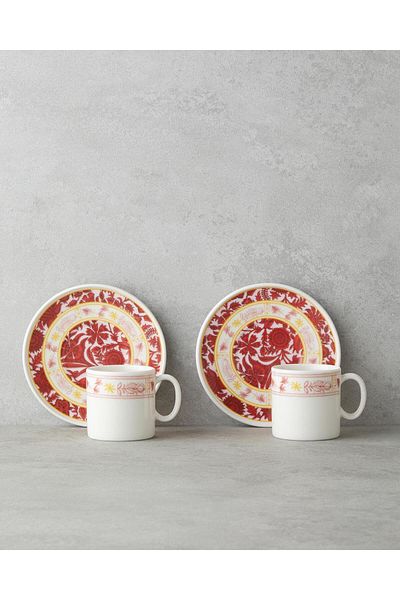 English Home Seris Bone Porcelain 4 Piece Coffee Cup Set for 2 Persons 90 ml Pink - Yellow