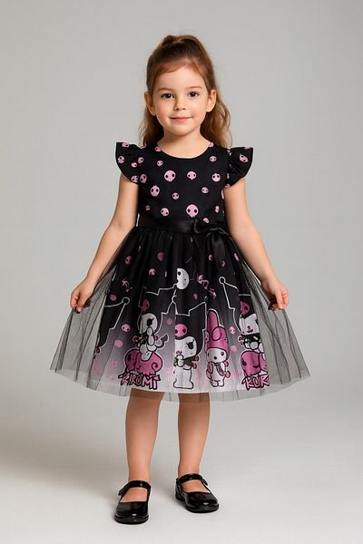 FURYATEX Kuromi and Melody Patterned Party Dress Fluffy Tulle Girl's Birthday Dress