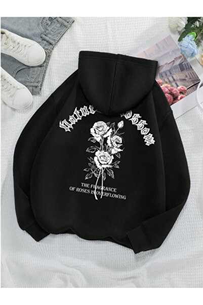 Marco Fresco Hanorac unisex Rose cu imprimeu cu glugă din bumbac Swea tricou