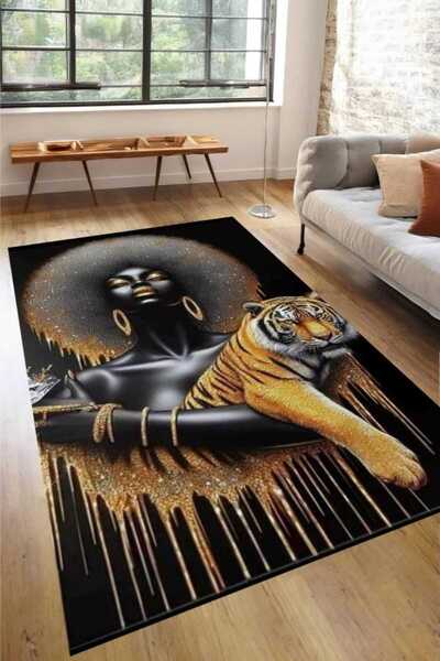 LovisaHome Siyah Altın Afro Kadın ve Kaplan Temalı Dijital Baskı Modern Halı