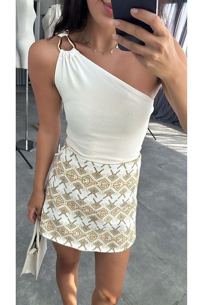 CADDELAMODA Women's One Shoulder Gold Accessory Blouse