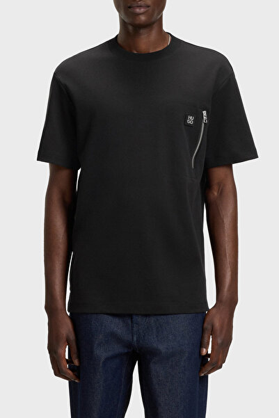 HUGO Pamuklu Relaxed Fit Fermuarlı Tek Cepli Bisiklet Yaka T Shirt Erkek T SH...