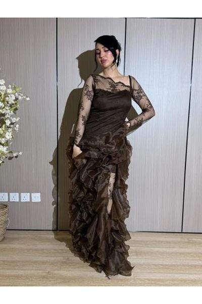 HOOR AL-YASMEEN Lace and organza evening dress