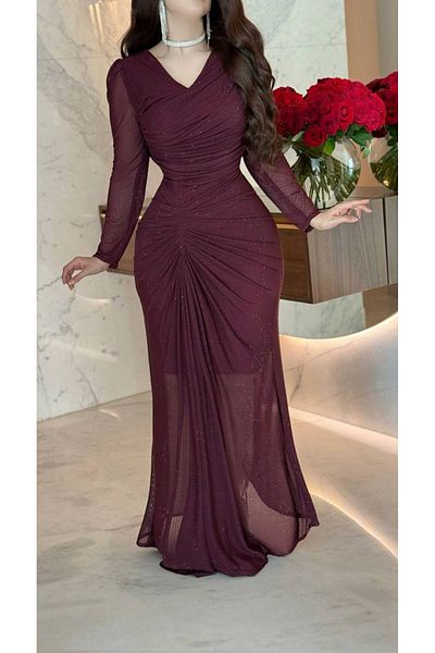 4YOU Burgundy evening dress with soft pleats and shiny stones