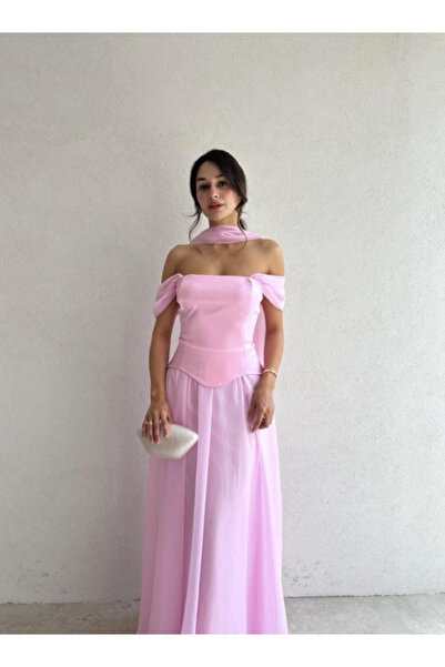 Klex Beyaz Kruvaze Yaka Drapeli Saten Abiye Elbise – Omzu Açık