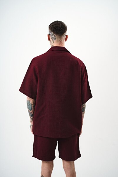Respire Men's Short Sleeve Oversize Muslin Shirt Claret Red