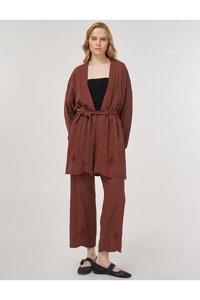 KYR Embroidery Appliqued Linen Viscose Kimono Set Brown