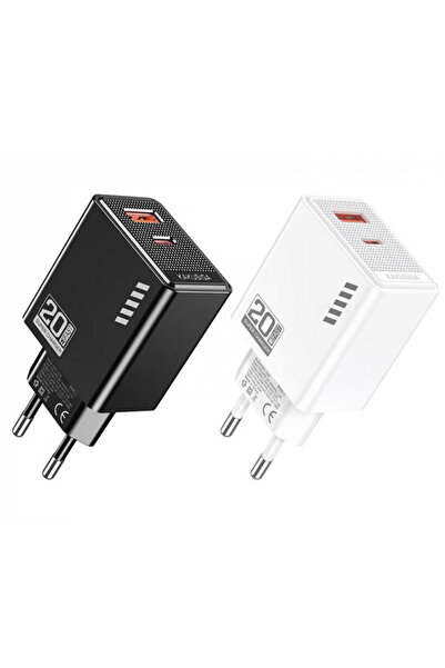 REDz Accessories KSC-1239 EU Plug Adapter, Type-C and USB, Fast Charging, Power 20W, White