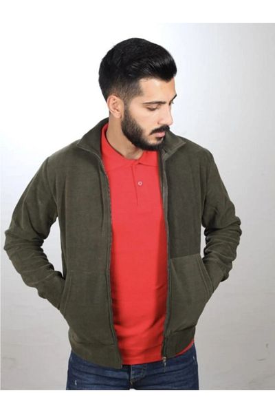Selkar Global Unisex Khaki Zippered Stand Collar Fleece Coat - Dark Green - Selkrumatpaolaar-Haki