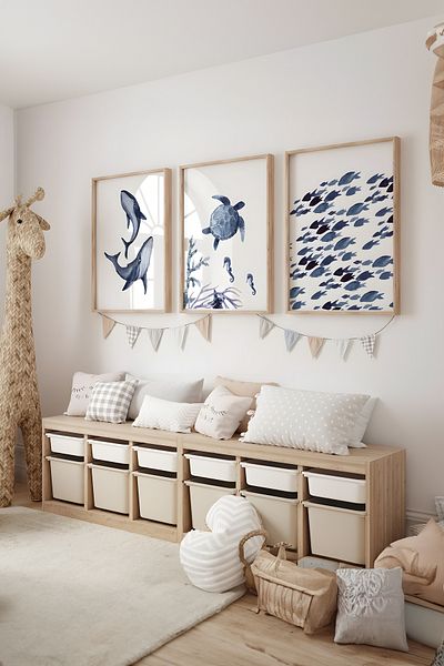 Home Σετ 3 Ocean Creatures Watercolor Look, Διακόσμηση Παιδικού Δωματίου, Διακόσμηση Σαλονιού χωρίς πλαίσιο