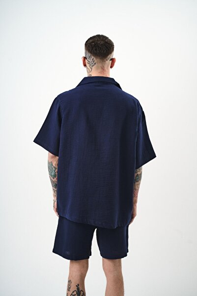 Respire Men's Short Sleeve Oversize Muslin Shirt Navy Blue