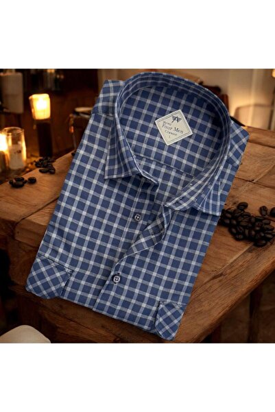 EREN STYLE Λινό κλασικό μακρυμάνικο πουκάμισο μπλε μπαμπά με δύο τσέπες (κανο...