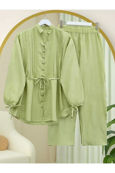 Modamorfo Set pantaloni tunică cu mâneci și nasturi cu decolteu în V -A.Green