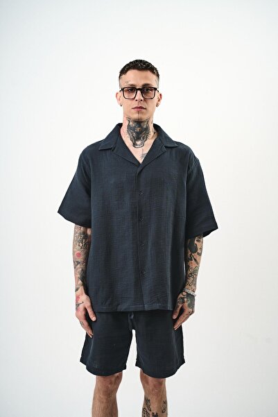 Respire Men's Short Sleeve Oversize Muslin Shirt Smoked