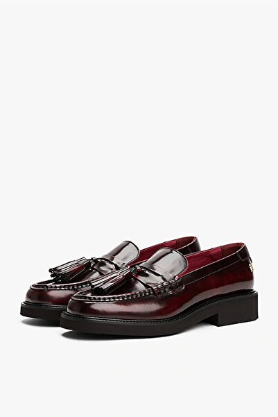 Tommy Hilfiger Kadın Püsküllü Köşeli Burun Deri Bordo Loafer FW0FW08749XJS