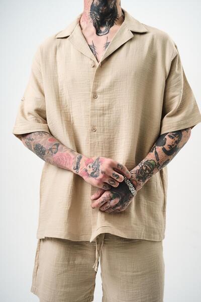 Respire Ανδρικό κοντομάνικο πουκάμισο μουσελίνας Oversize Μπεζ