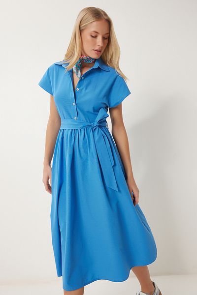 Lovelyİstanbul Belted Midi Woven Shirt Dress Lub0188 Blue