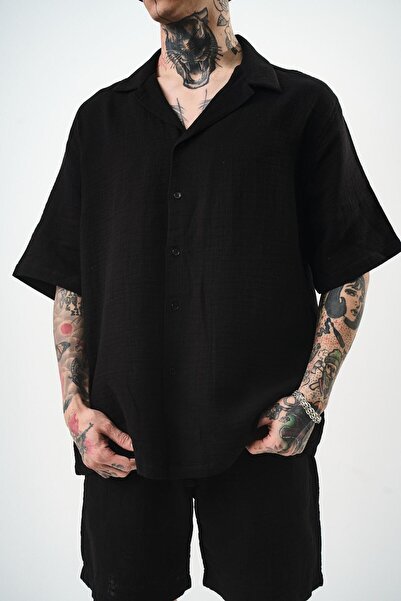 Respire Men's Short Sleeve Oversize Muslin Shirt Black