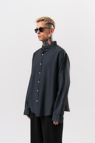 Respire Men's Long Sleeve Oversize Voile Shirt Black