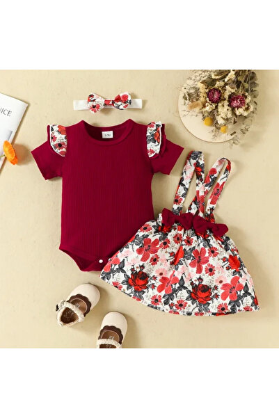 UniqueStore.ro Σετ 3 τεμαχίων για κορίτσια σε μπορντό χρώμα με φλοράλ τύπωμα