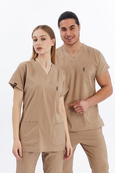 Çatı Medikal Happiness Basic - Lycra Doctor Nurse Scrubs Μονόχρωμο Χειρουργικό Τζέρσεϊ (UNISEX), Μπεζ