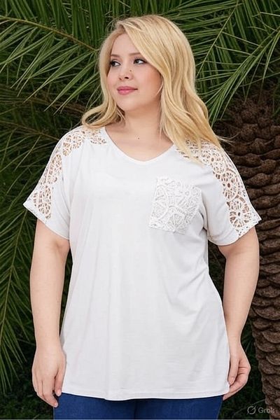 FOR ESRA BIG TREND Women's Plus Size Shoulder and Pocket Lace V Neck Patch Flexible Blouse