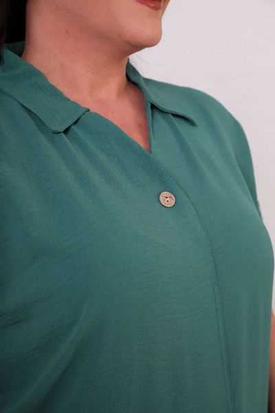 FOR ESRA BIG TREND Women's Plus Size Polo Neck V Patch Ornamental Button Double Sleeve Flexible Aerobin Blouse with Epaulettes