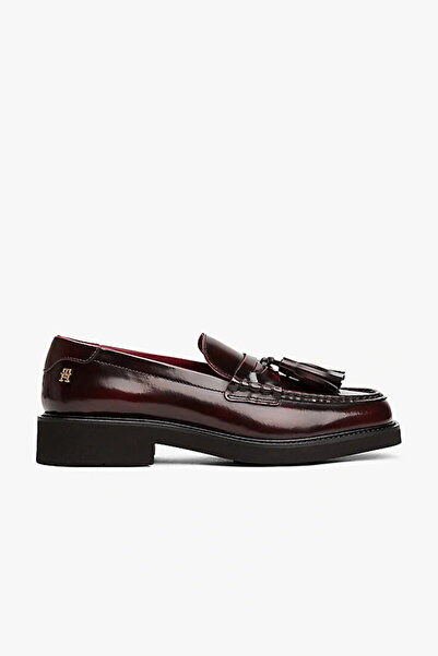 Tommy Hilfiger Kadın Püsküllü Köşeli Burun Deri Bordo Loafer FW0FW08749XJS