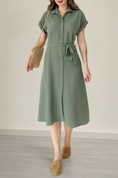 MILANOFOX Women's Button-Down Midi-Length Linen Dress – Belted, Casual and Stylish Summer Dress
