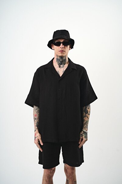 Respire Men's Short Sleeve Oversize Muslin Shirt Black