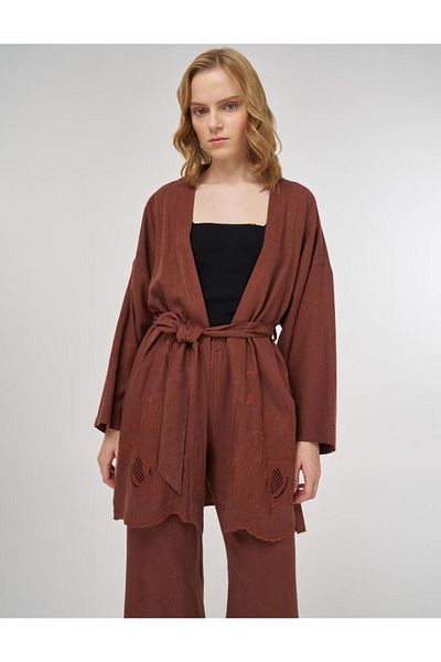 KYR Embroidery Appliqued Linen Viscose Kimono Set Brown