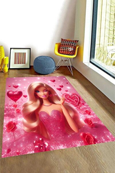 LovisaHome Pembe Kalpli Barbie Temalı Dijital Baskılı Çocuk Odası Halısı