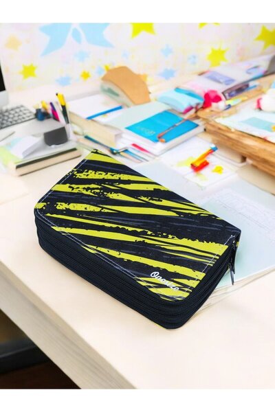 OneSize Suport stilou Prisme Negru-Galben Trei Compartimente Piele Vegană (Husă pentru creion)