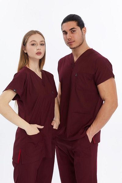 Çatı Medikal Happiness Basic - Lycra Doctor Nurse Scrubs Single Top Surgical Jersey (Unisex), Burgundy