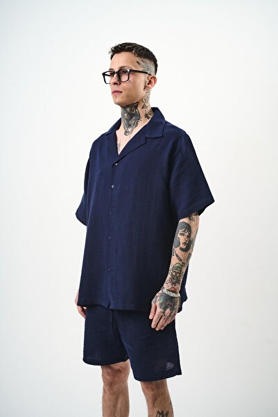 Respire Men's Short Sleeve Oversize Muslin Shirt Navy Blue
